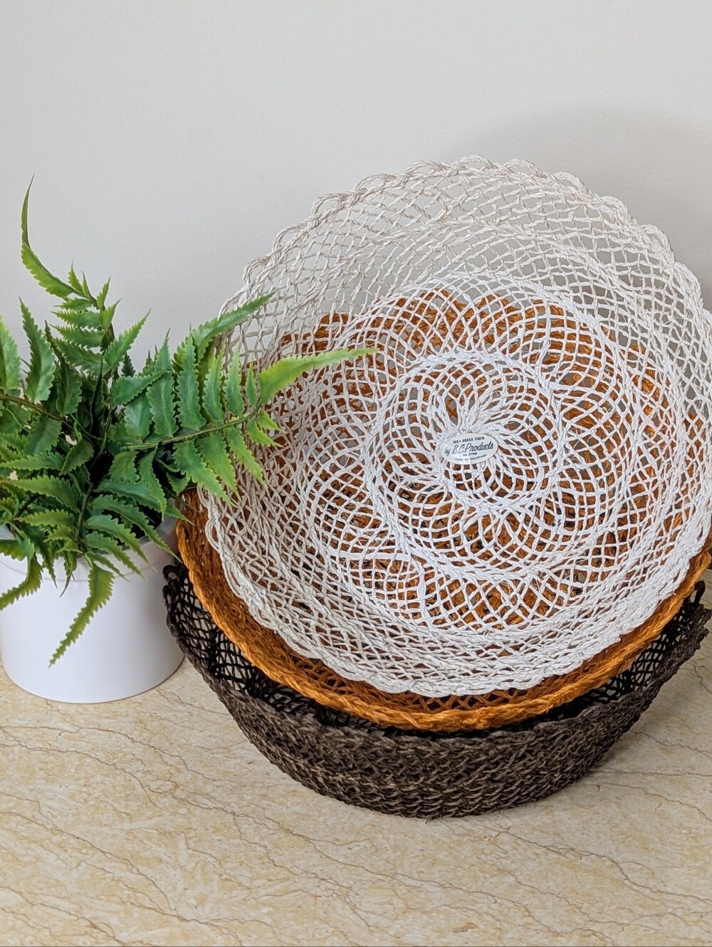 Vintage BC Products Woven Crochet Brown White Orange Baskets Set Of 3